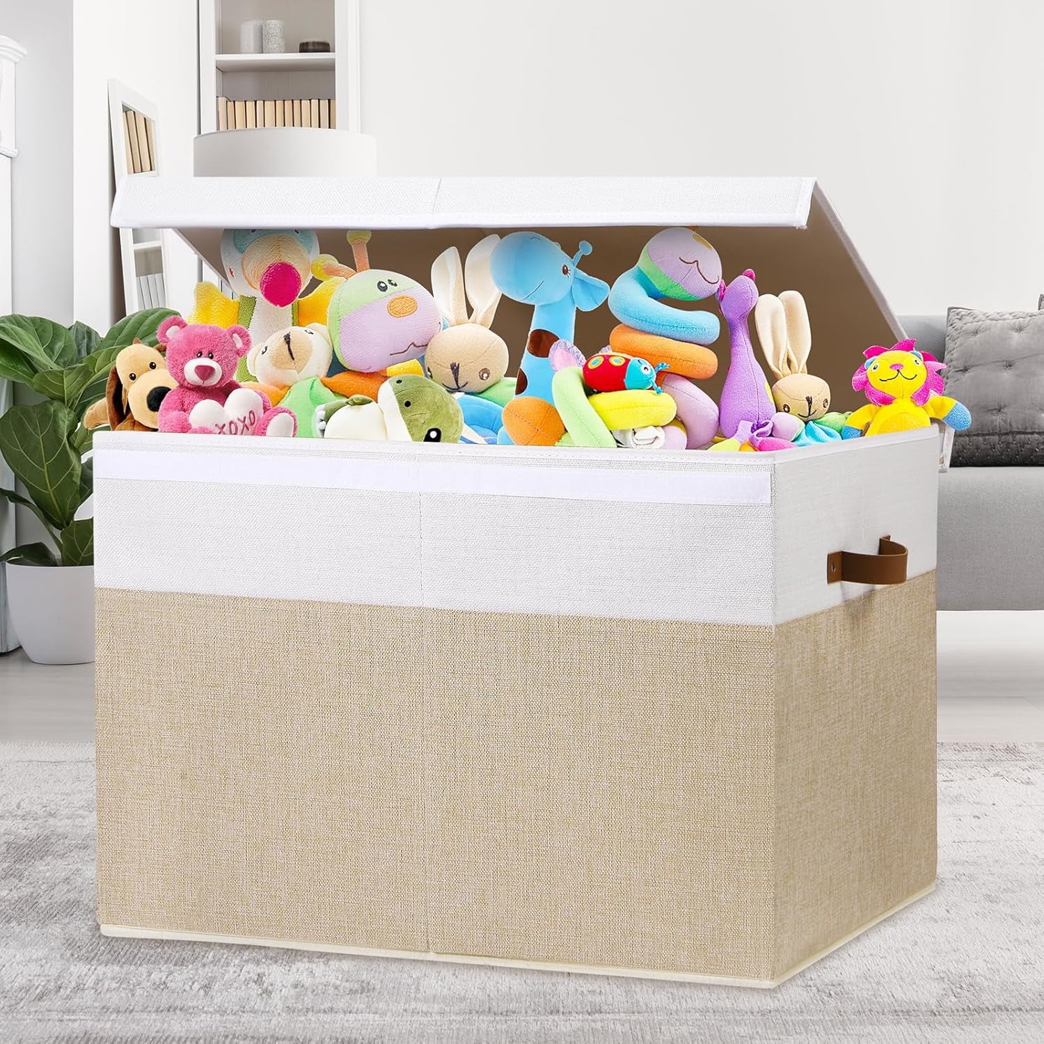Extra Large Toy Storage Box with Lid, Beige and White R25814