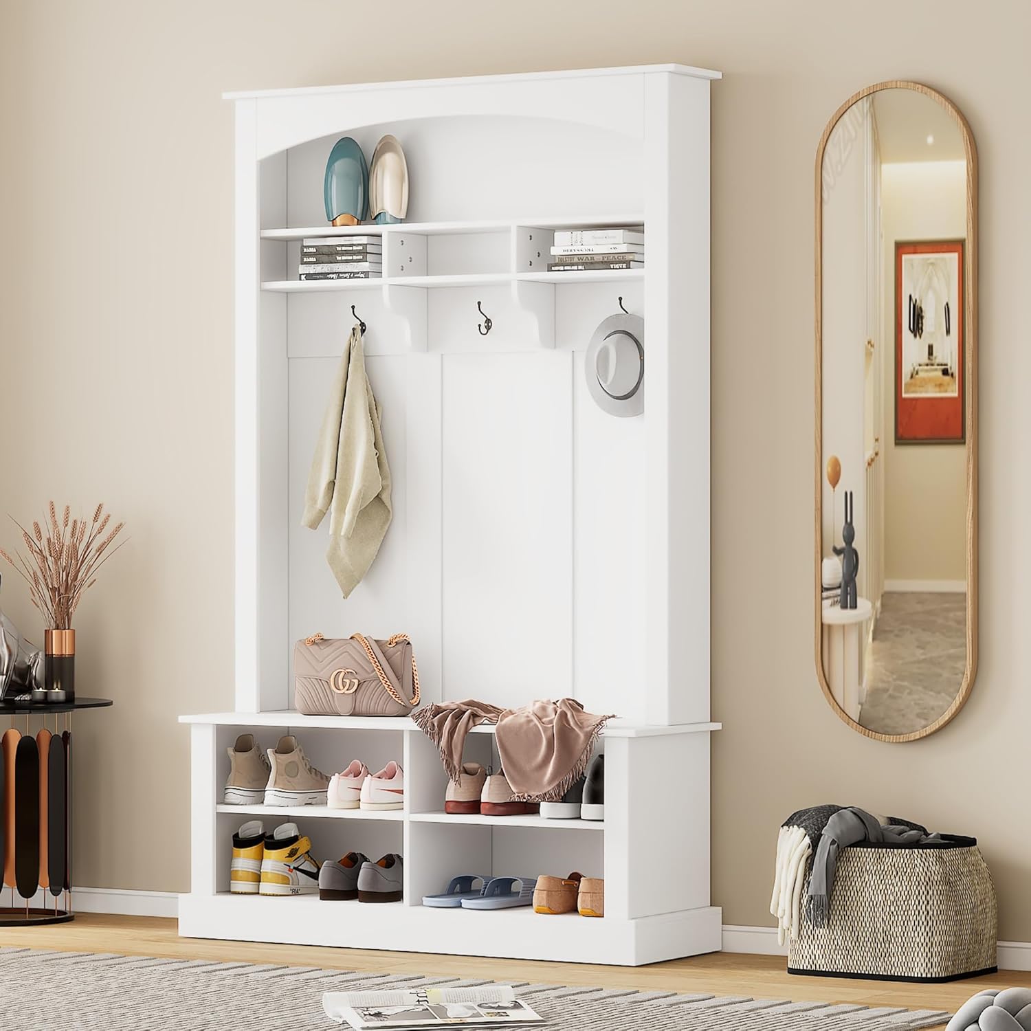 White 47.2'' Wide Hall Tree Bench with Hooks B54820