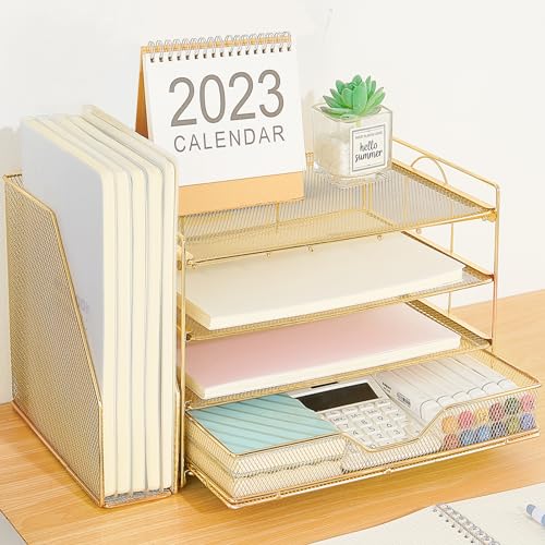 Black 4-tier Desk Paper Letter Tray Organizer with Removable File Holder and Drawer V5866