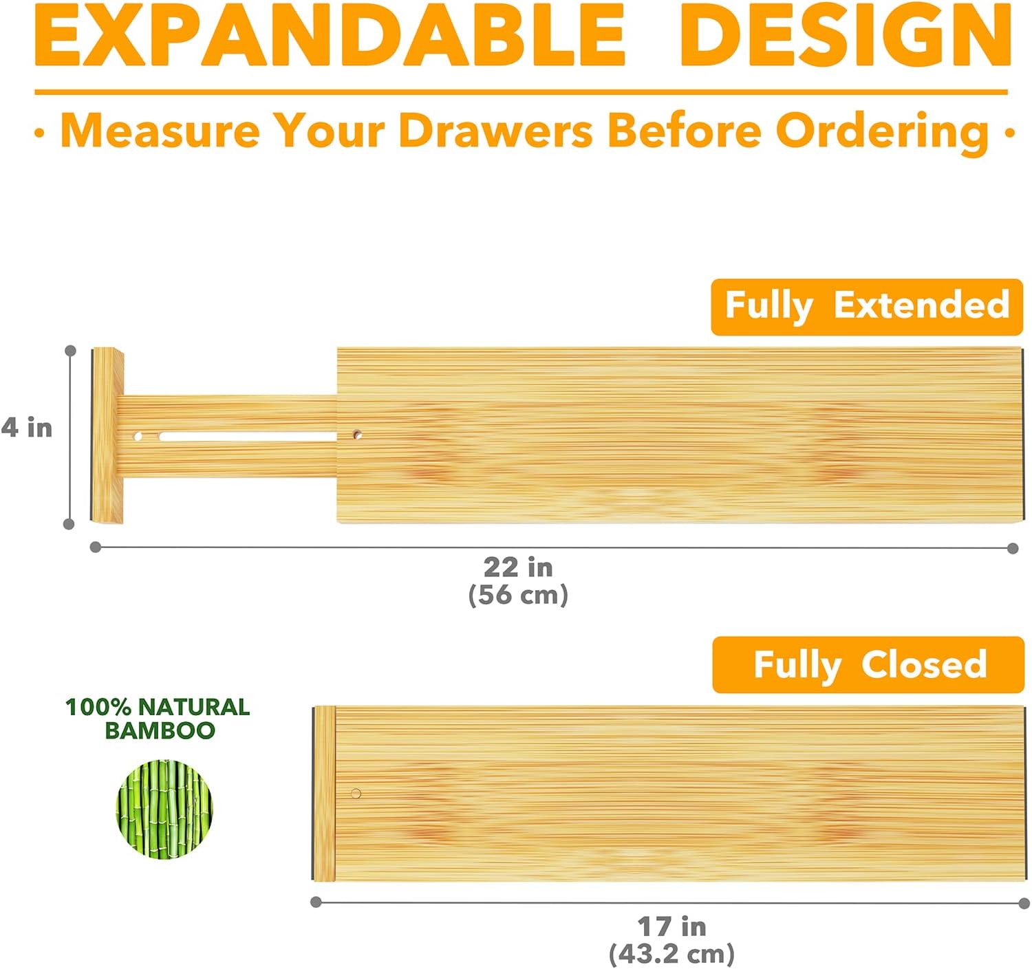 4" High Bamboo Deep Drawer Dividers, Expandable Drawer Organizers, 2 Dividers (17-22 in) J743564