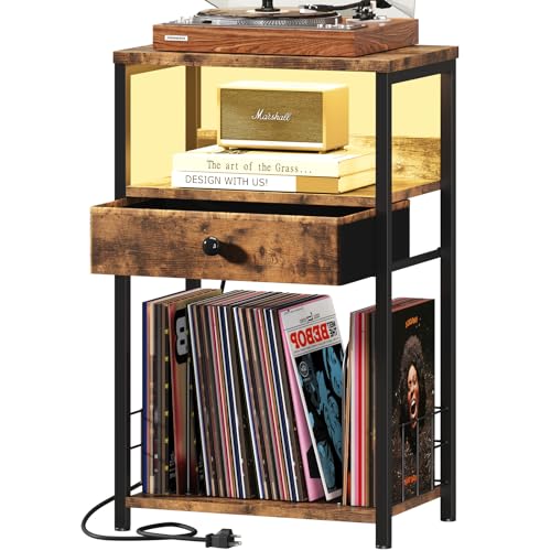 Black Record Player Stand with Vinyl Storage and Drawer B120