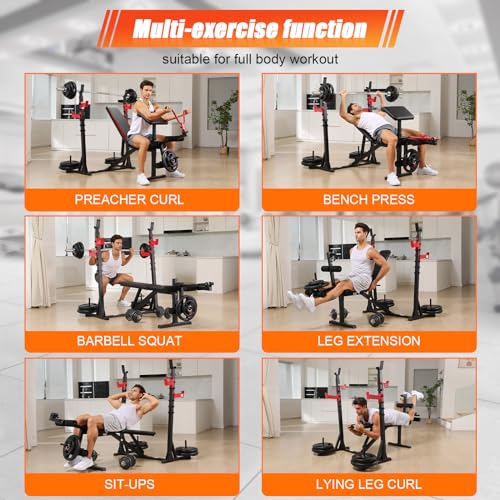 900 LBS Adjustable Weight Bench and Squat Rack with Leg Extension, Preacher Curl Pad T8596