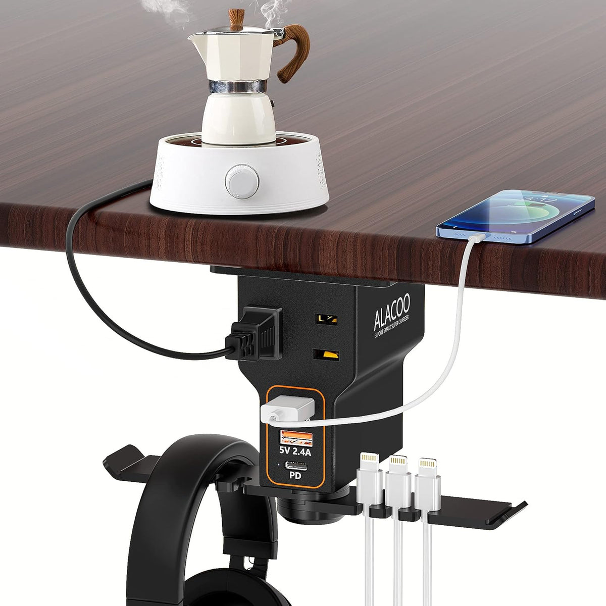 Headphone Stand with 2 USB A Charging Port AC Outlets Headset Hanger Charging Station X3997