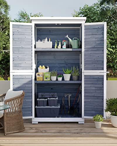 Outdoor Storage Cabinet with 3 Shelves, Double Lockable Wooden Garden Shed with Waterproof Roof E3234