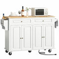 White Rolling Kitchen Island with Drop Leaf and Power Outlet K787