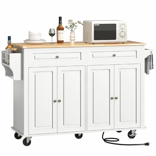White Rolling Kitchen Island with Drop Leaf and Power Outlet K787