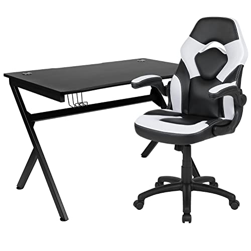 Red Gaming Desk and Blue Reclining Gaming Chair Set with Cup Holder and Headphone Hook P930277