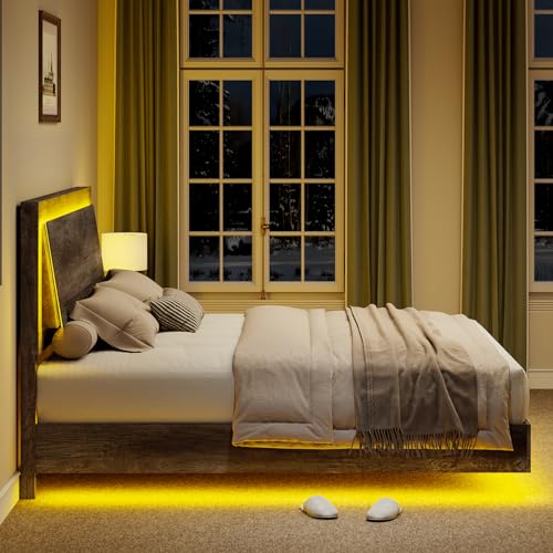Rustic Grey Full Size Platform Bed Frame with Headboard and LED Light B454396