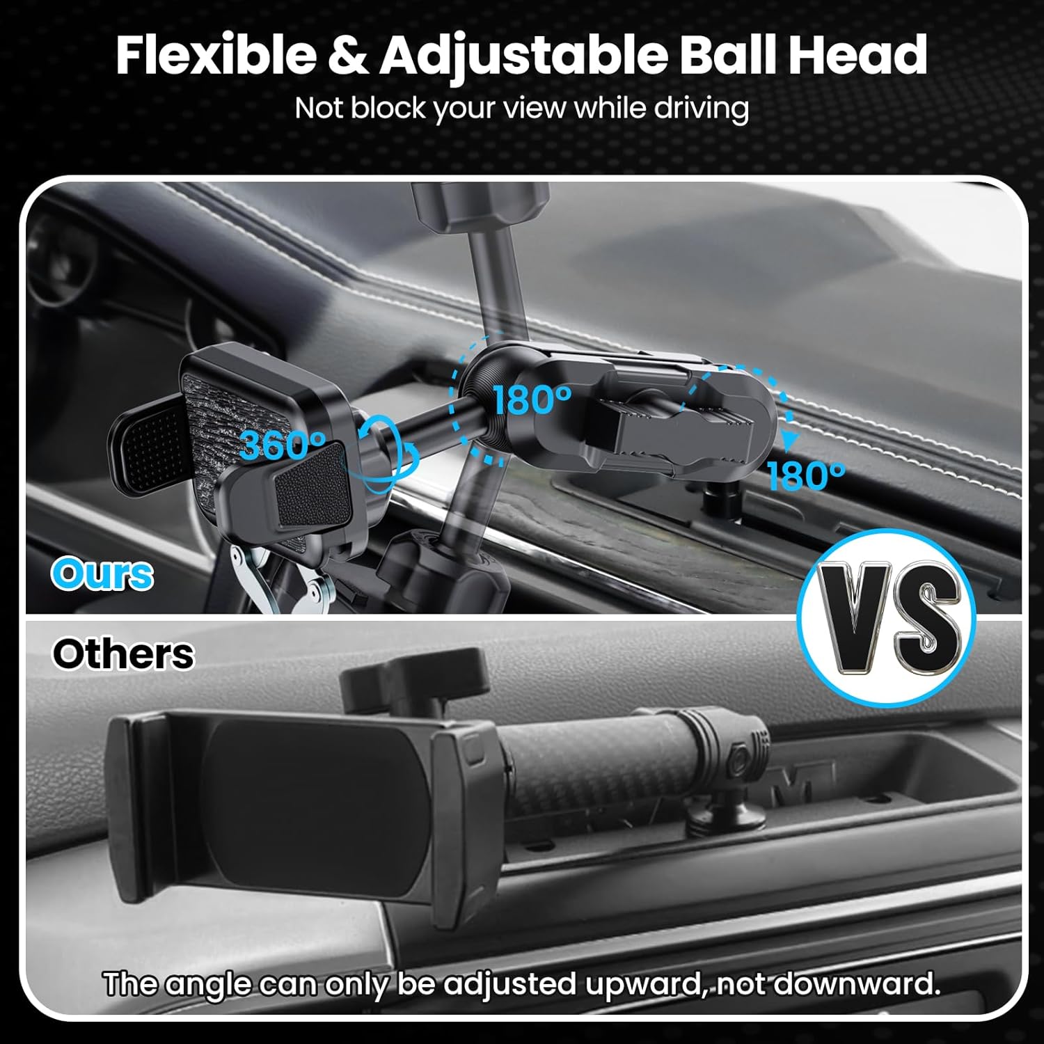 Metal Phone Mount for Ram Truck 2013-2018, Dash Mount Cell Phone Holder Compatible with RAM 1500/2500/3500 & 2019+ Classic, 360° Rotation Adapter Phone Stand J263359