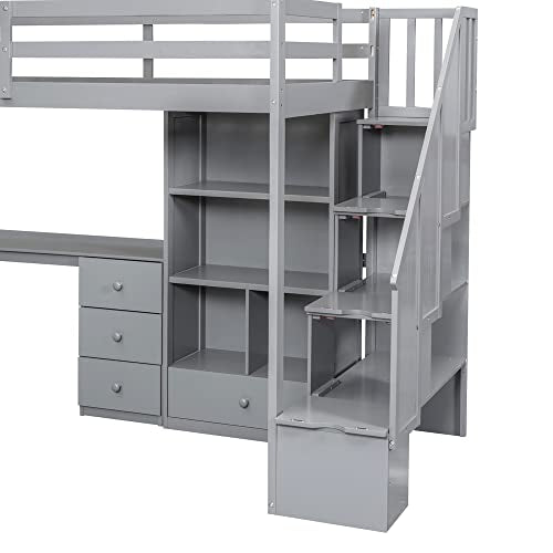 Full Size Loft Bed with Desk and Shelves, Two Drawers, Gray L73426