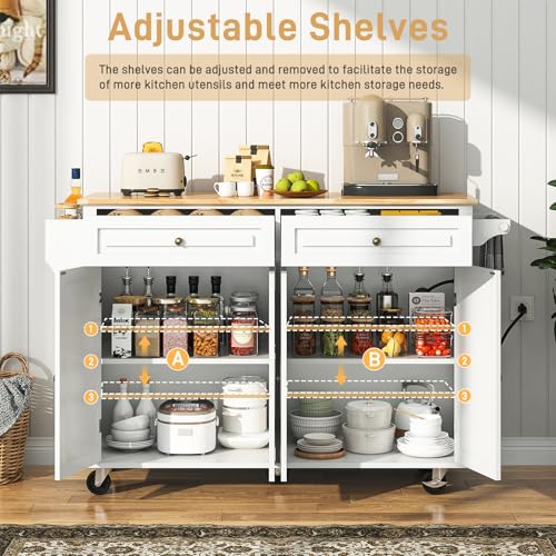 White Rolling Kitchen Island with Drop Leaf and Power Outlet K787