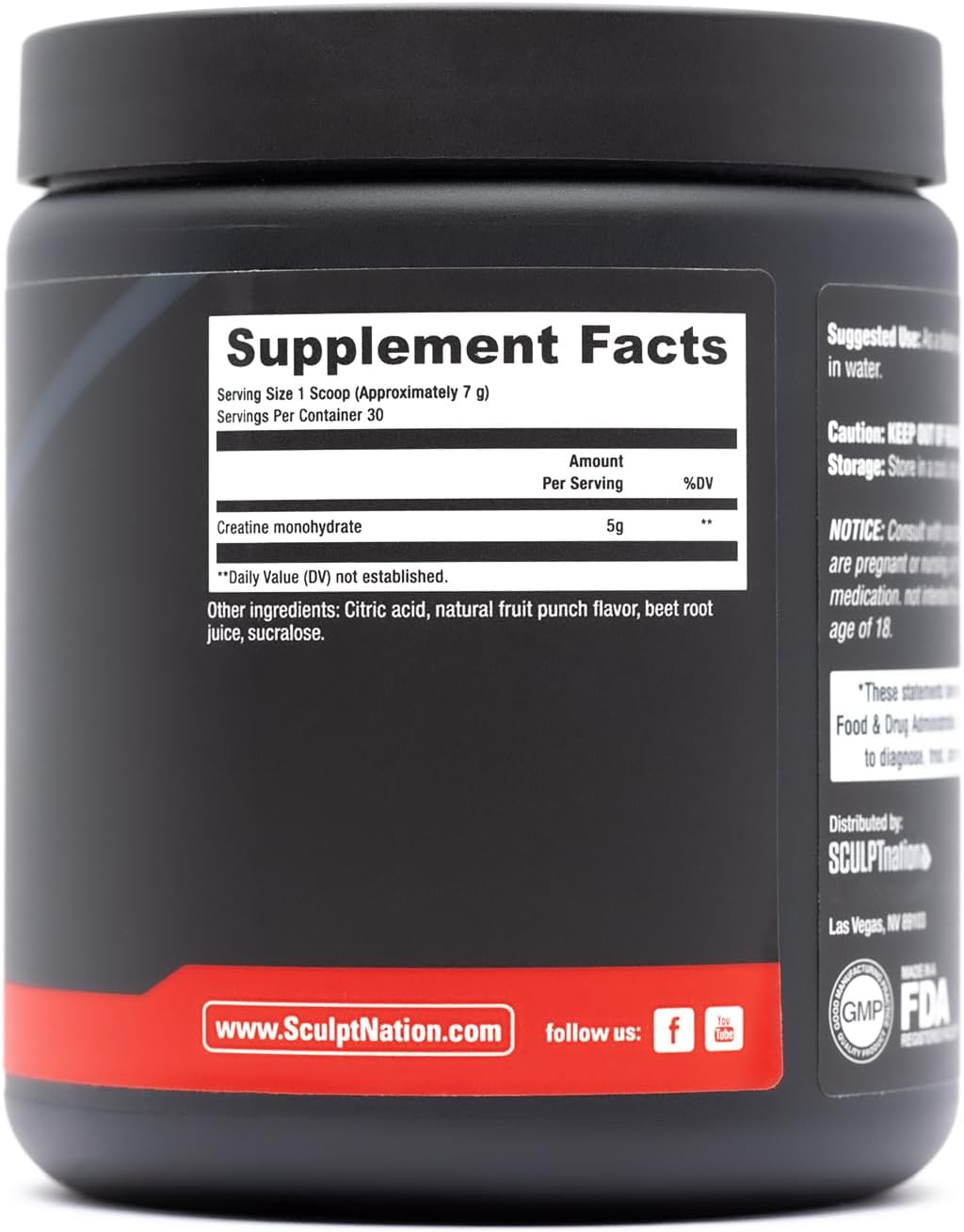 Fruit Punch Flavored Creatine Monohydrate Powder, 30 Servings B44790