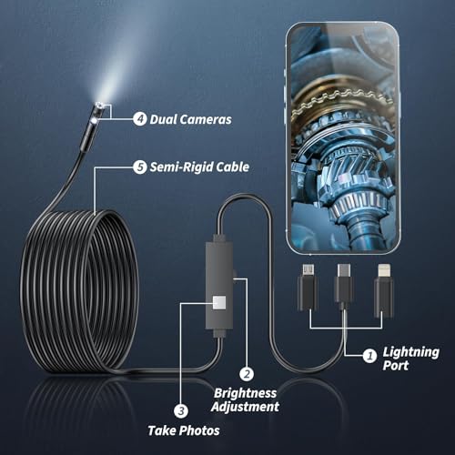 1920P HD Borescope with 8 Adjustable LED Lights, 16.4ft Semi-Rigid Snake Camera A976