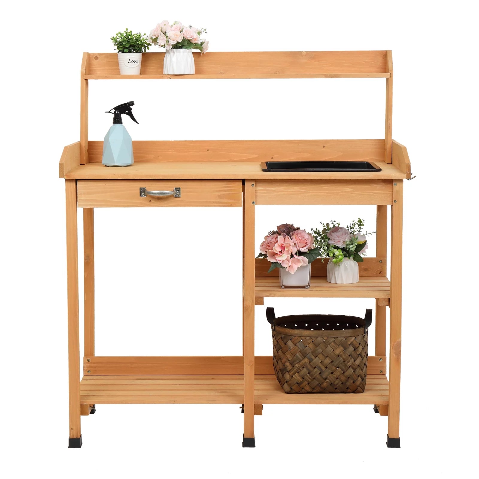Natural Wooden Potting Bench with Sink and Storage Shelf X605