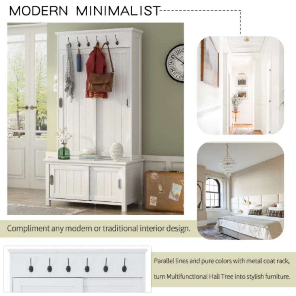 White Wooden Hall Tree with Sliding Doors and Storage Bench W631