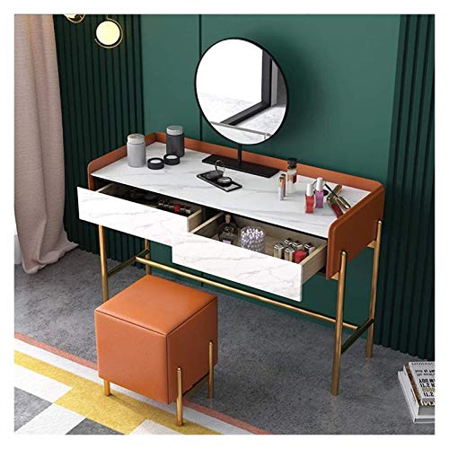 White Dressing Vanity Table with 2 Drawers, Round Mirror and Stool L768387