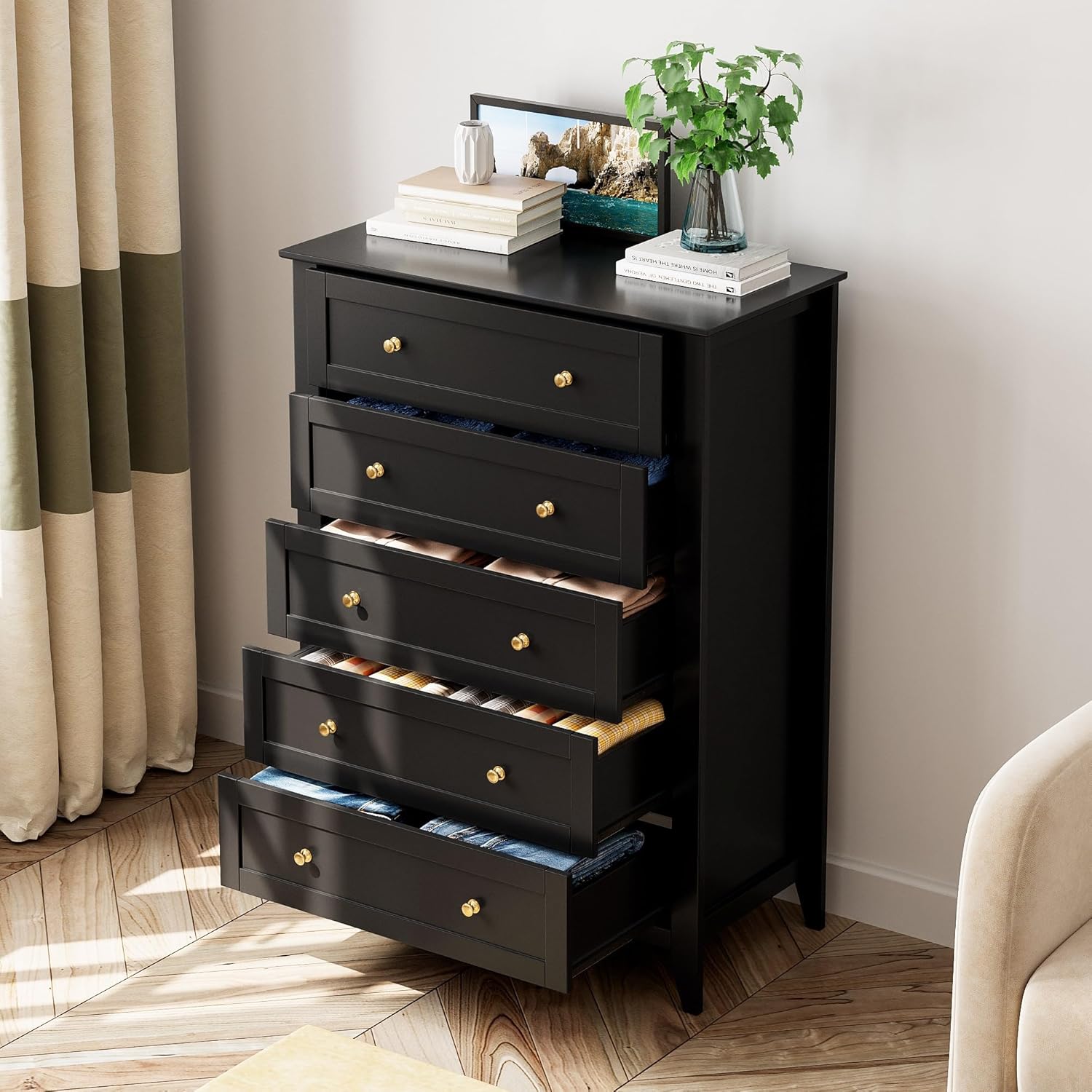 Black 5 Drawer Wood Dresser R7578