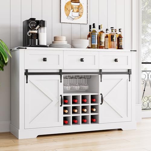 White Buffet Cabinet with 3 Drawers and Sliding Barn Door I175