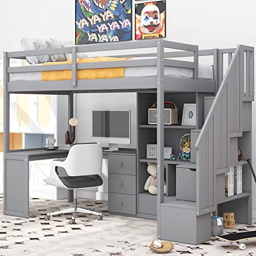 Full Size Loft Bed with Desk and Shelves, Two Drawers, Gray L73426