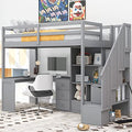 Full Size Loft Bed with Desk and Shelves, Two Drawers, Gray L73426