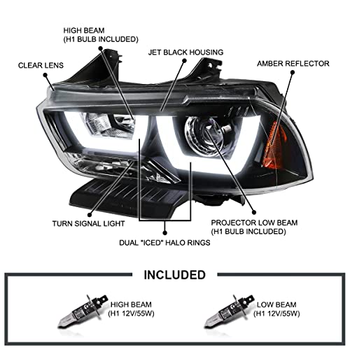 Chrome LED Dual Halo Projector Headlights for 2011-2014 Dodge Charger, Left + Right Pair Headlamps Assembly R80754