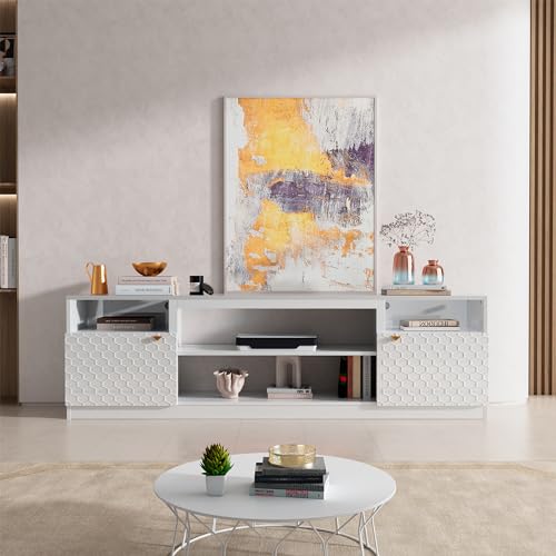 70" High Gloss White TV Stand with Two Doors and Storage Cabinets I4568