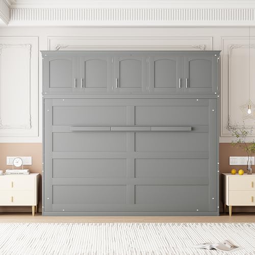 Full Size Murphy Bed with Built-in Wardrobe, 3 Drawers and 3 Open Shelves G7423