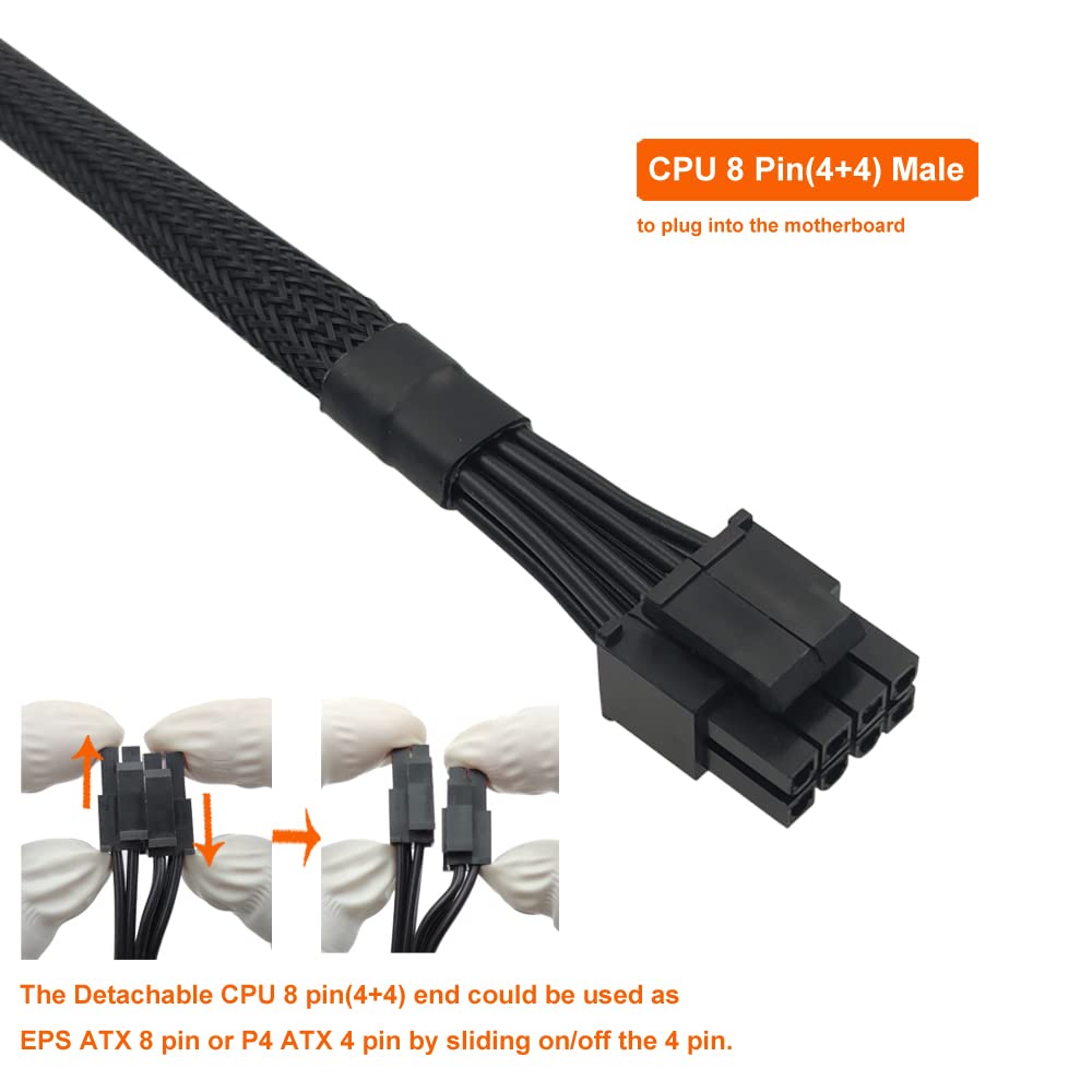CPU 8 Pin Male to CPU 8 Pin (4+4 Detachable) Male EPS-12V Motherboard Power Adapter Sleeved 25-inch W410584
