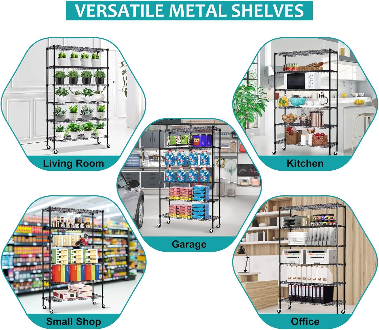 6 Tier Wire Shelving Unit, NSF Heavy Duty Height Adjustable Metal Shelving with Wheels, 18"x48"x82" Black Y25667