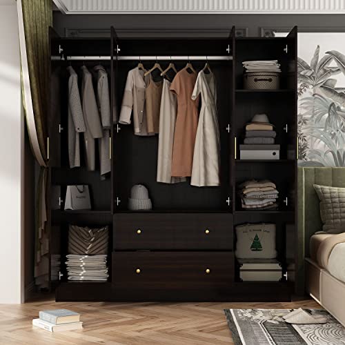 White 4-Door Wardrobe Closet with Mirror, Drawers and Shelves, Hanging Rod X75549