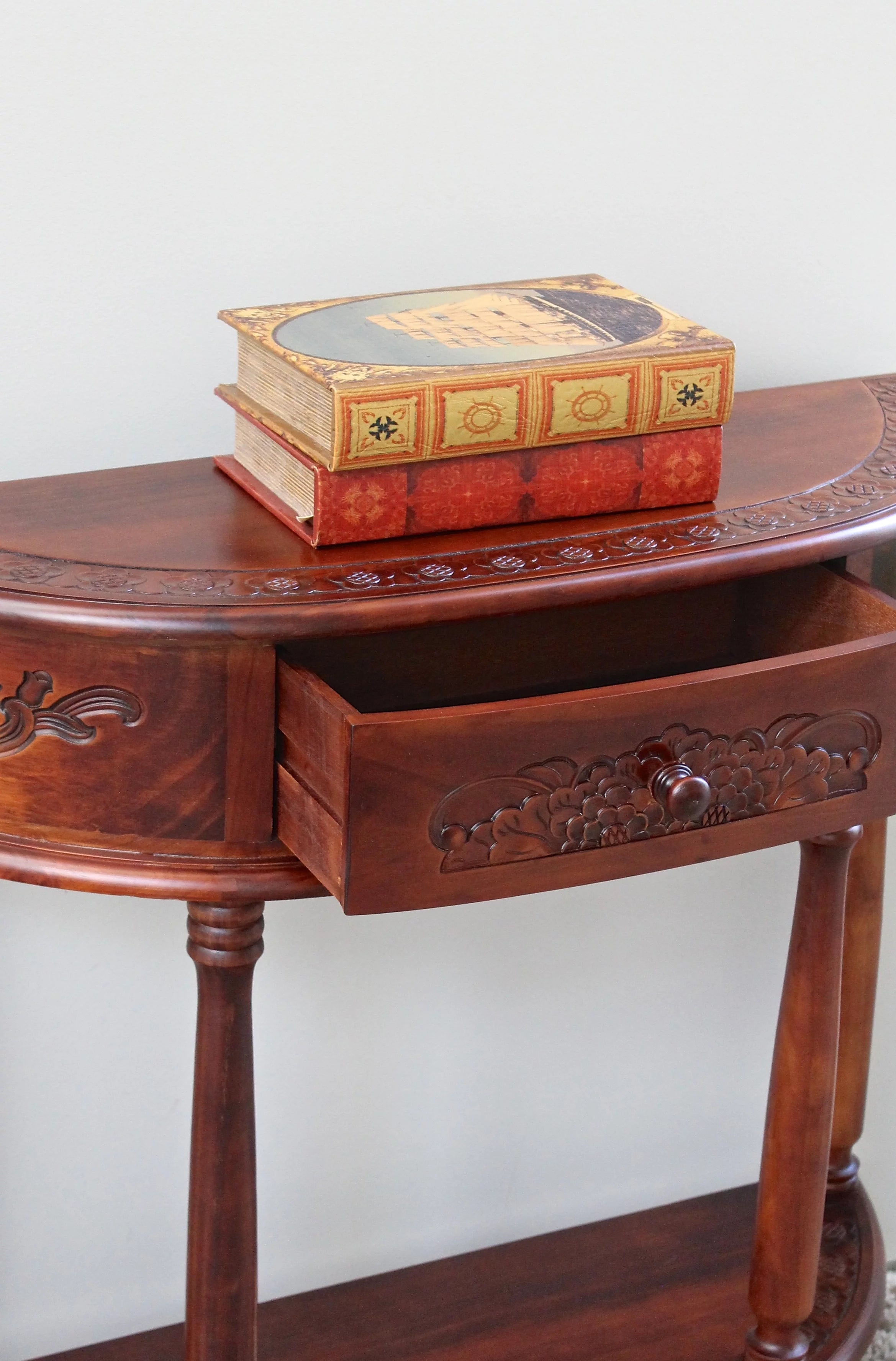 Walnut Carved Wood Half-moon Hall Table N79567