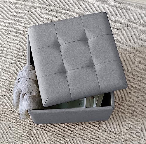 Gray Linen Tufted Square Storage Ottoman with Lift Off Lid Q41182