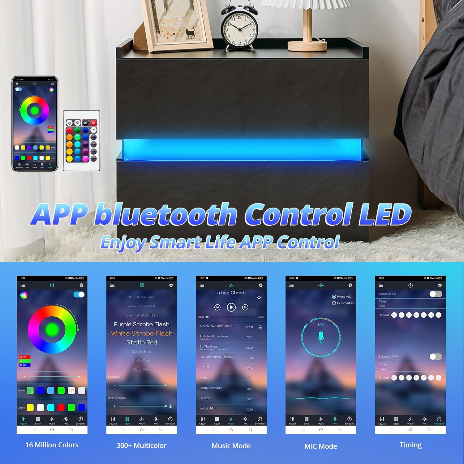 LED Nightstand with 2 Drawers Black K787261