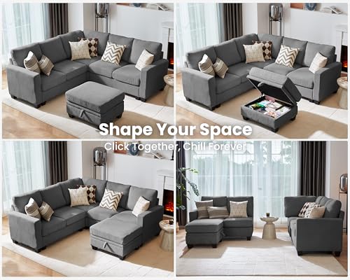 Modular Sectional Couch Corduroy L Shaped Sleeper Sofa with Storage Ottoman J7130
