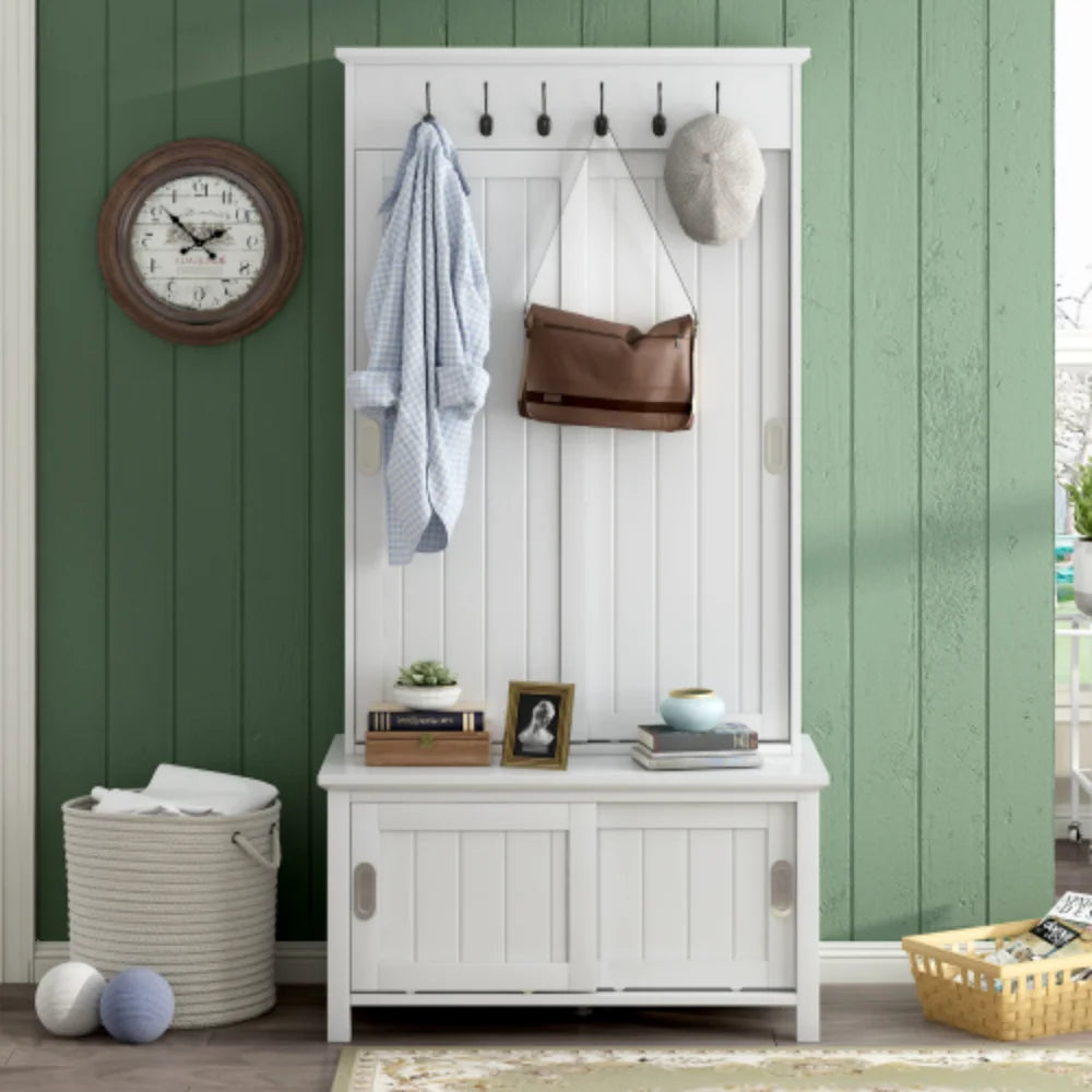 White Wooden Hall Tree with Sliding Doors and Storage Bench W631