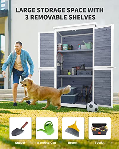 Outdoor Storage Cabinet with 3 Shelves, Double Lockable Wooden Garden Shed with Waterproof Roof E3234