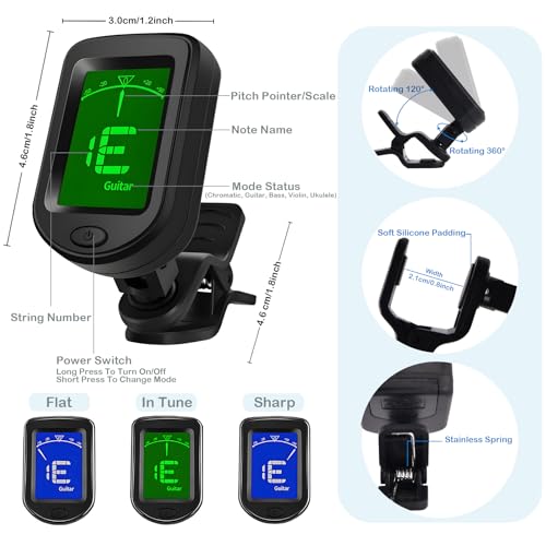 Guitar Accessories Kit with Clip On Tuner, 3 in 1 Capo, 30 Picks, Pick Holder, Leather Plectrum Pouch Keyring & Storage Case C974