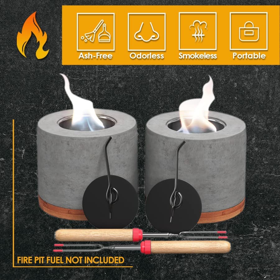 2 Pack Concrete Tabletop Fire Pit with Bamboo Base O169160