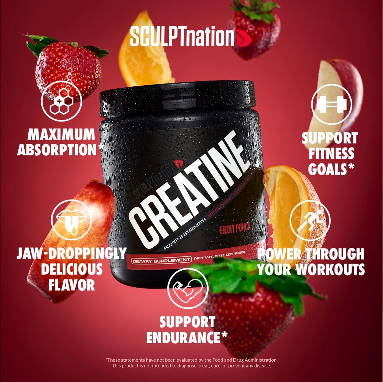 Fruit Punch Flavored Creatine Monohydrate Powder, 30 Servings B44790