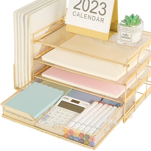 Black 4-tier Desk Paper Letter Tray Organizer with Removable File Holder and Drawer V5866