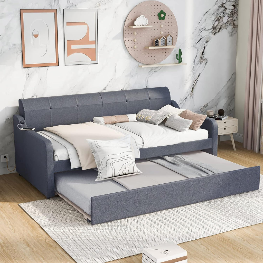 Twin to King Extendable Sofa Bed Frame with Trundle, Grey Y31529