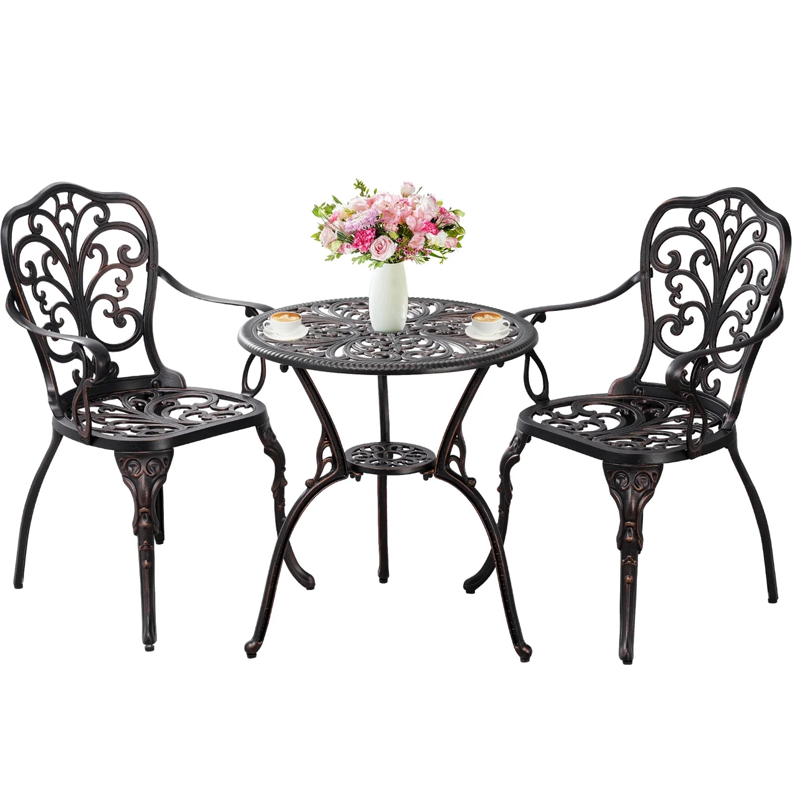 3-Piece Bistro Table and Chairs Set of 2 Outdoor Furniture, Bronze D6955