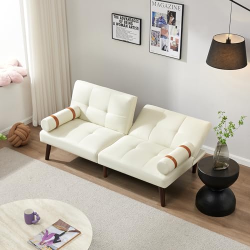 White Linen Convertible Sofa Bed with Adjustable Backrests M57833