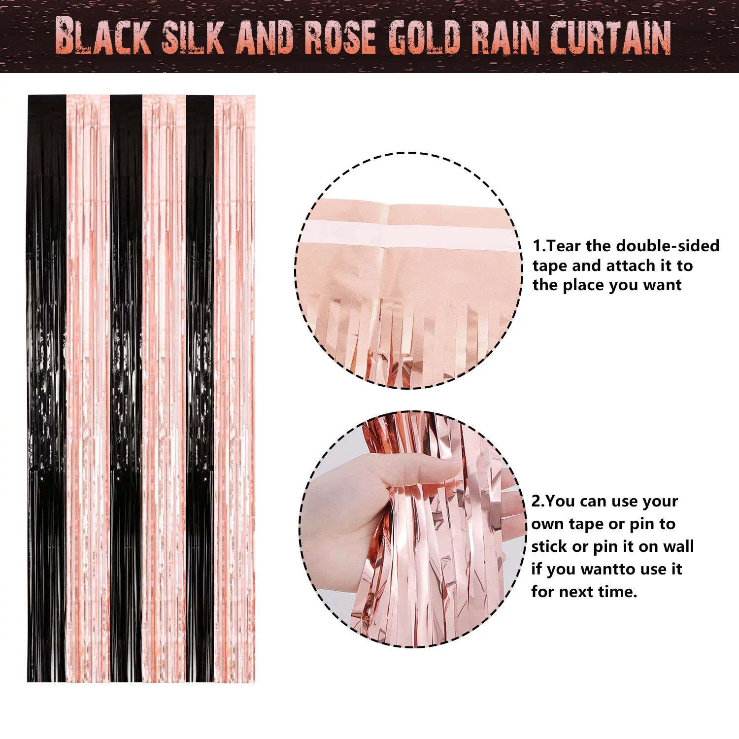 Rose Gold and Black Birthday Banner, Balloons, Fringe Curtains, Tablecloth and Cake Topper R107