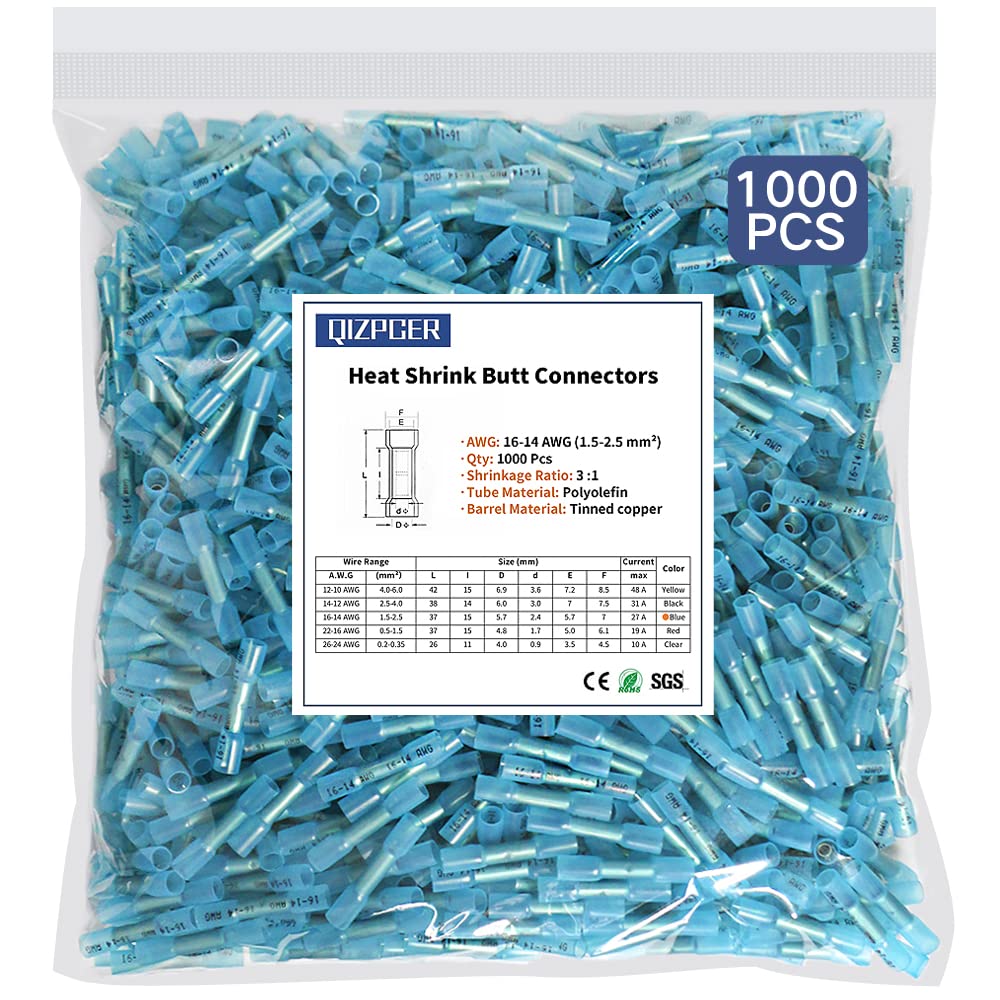 1000 Pcs Blue 16-14 AWG Waterproof Heat Shrink Butt Connectors F84508