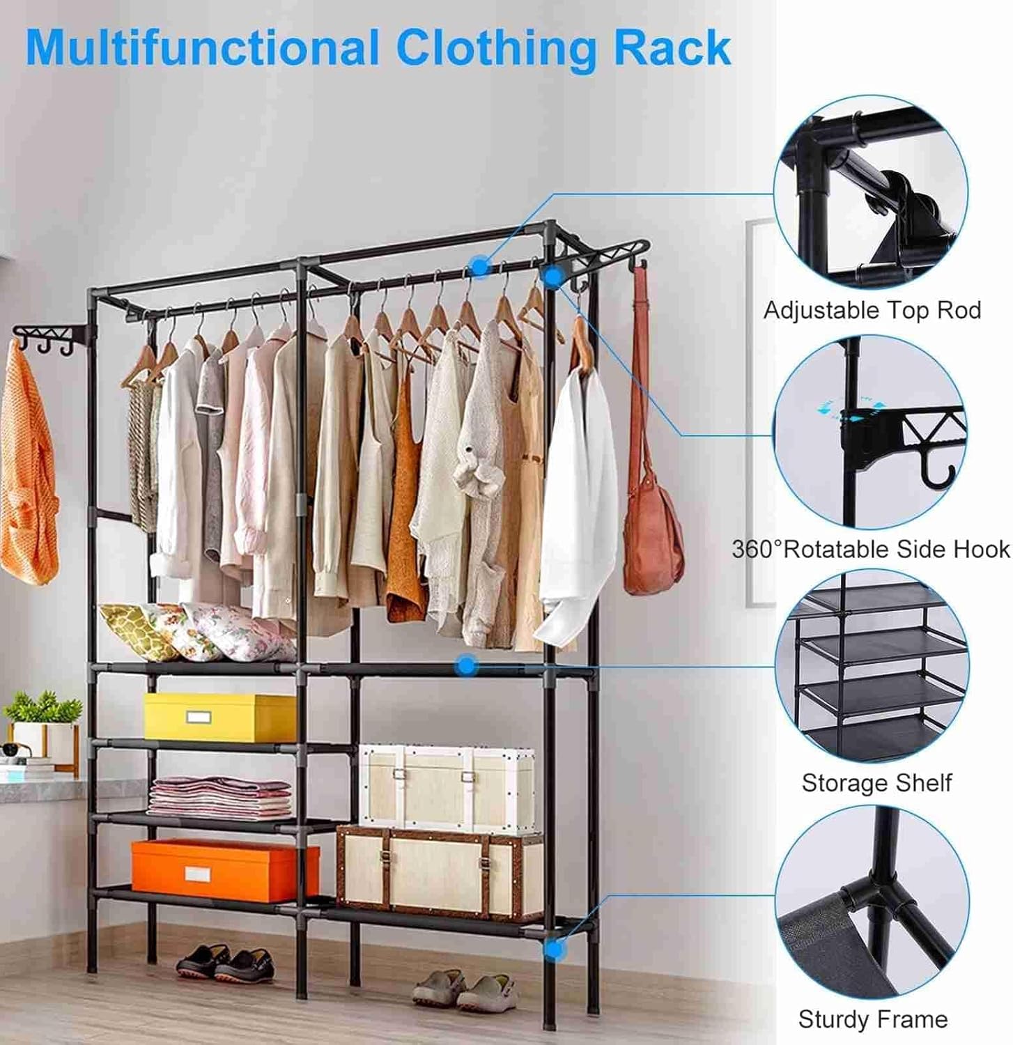 66'' Coated Metal 4 Tiers Garment Rack with 4 Hooks & 2 Hanging Rods A950