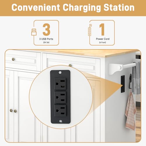 White Rolling Kitchen Island with Drop Leaf and Power Outlet K787