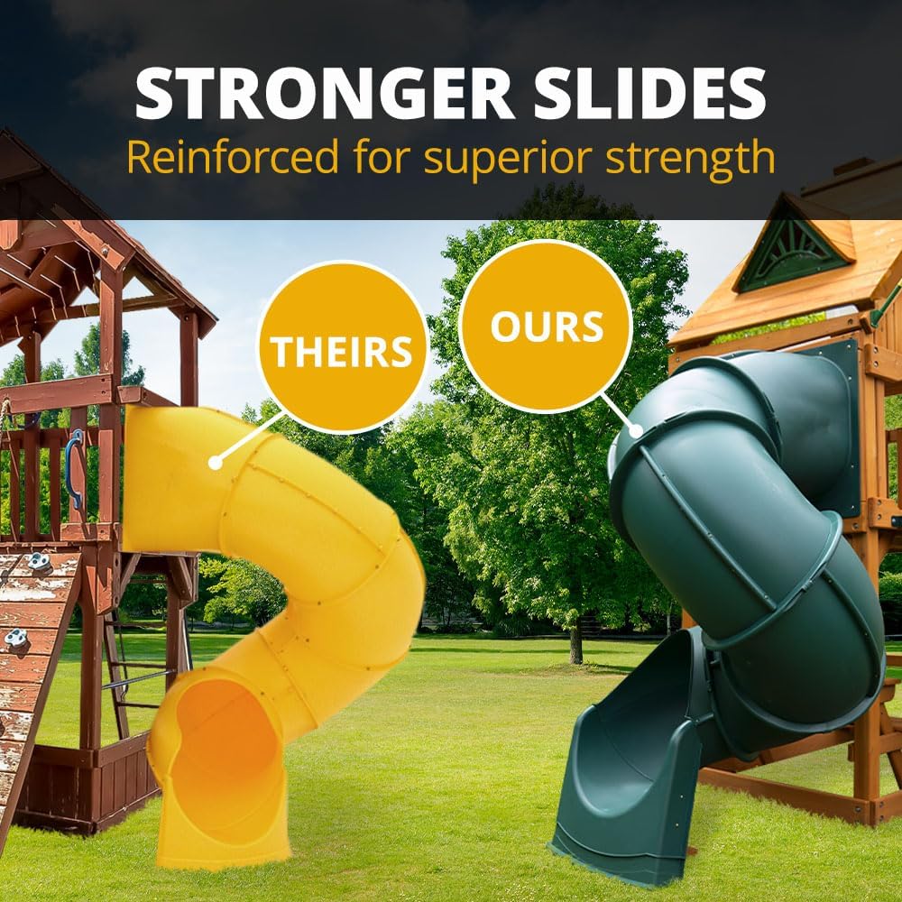 Brown Wooden Swing Set with Two Slides T5323