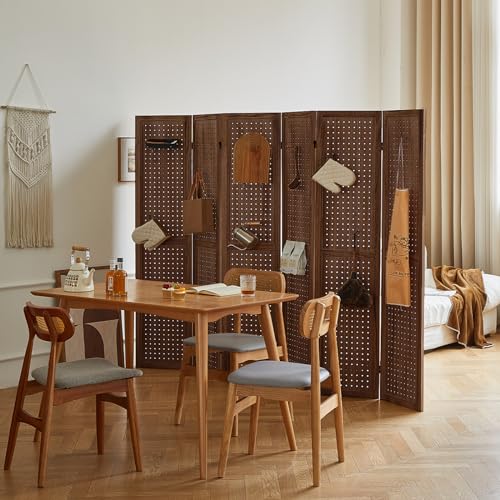 Natural Solid Wood 4 Panel Room Divider with Shelves and 16 Hooks G25804