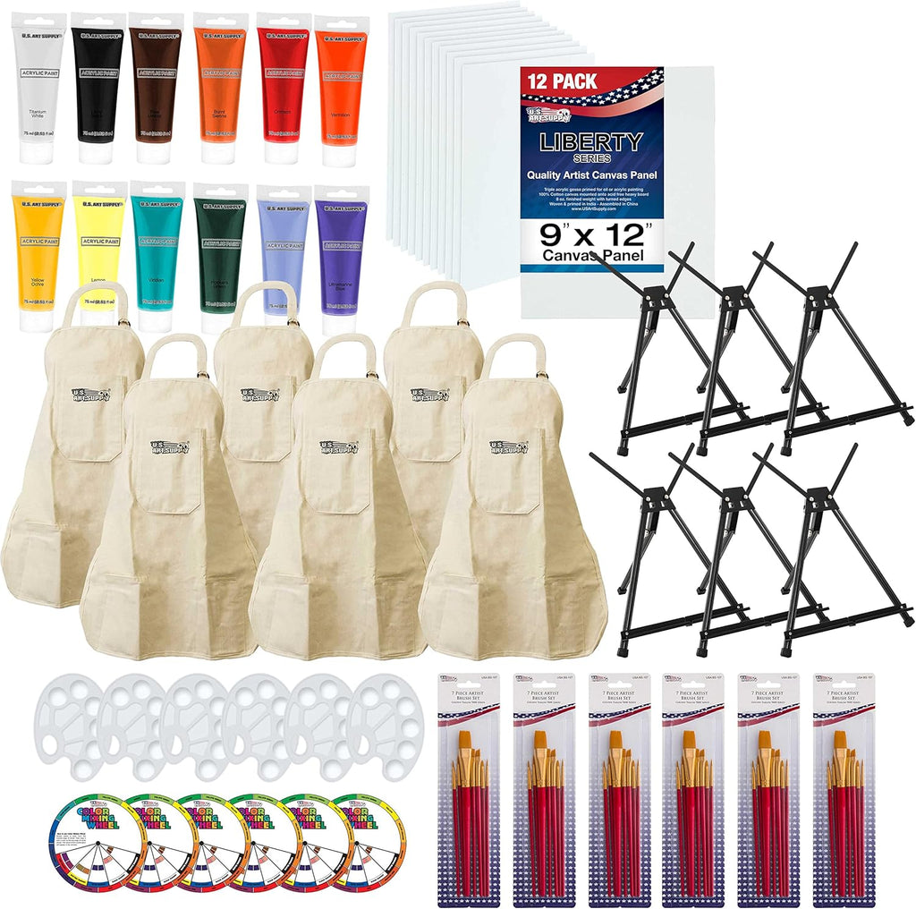 6 Easels, 12 Paint Tube Set, 12 Canvas Panels, 6 Brush Sets & 6 Aprons Painting Kit F3733
